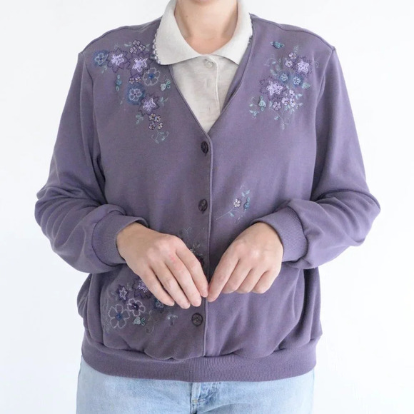 Vintage 90s Alfred Dunner Purple Embroidered Floral Collared Sweater M - Picture 2 of 10